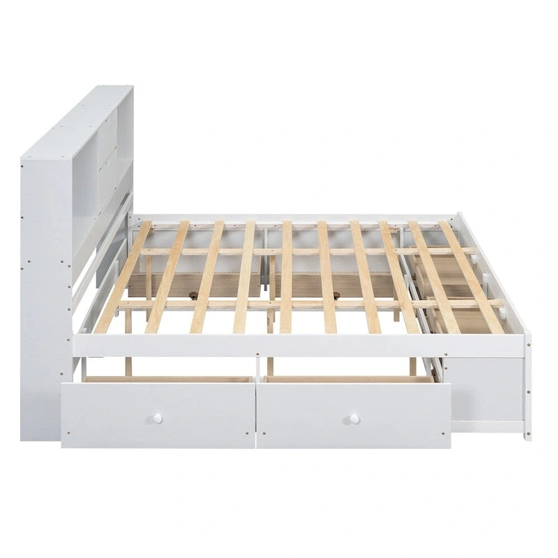 White & Grey Platform Bed with Bookcase Headboard and 8 Storage Drawers