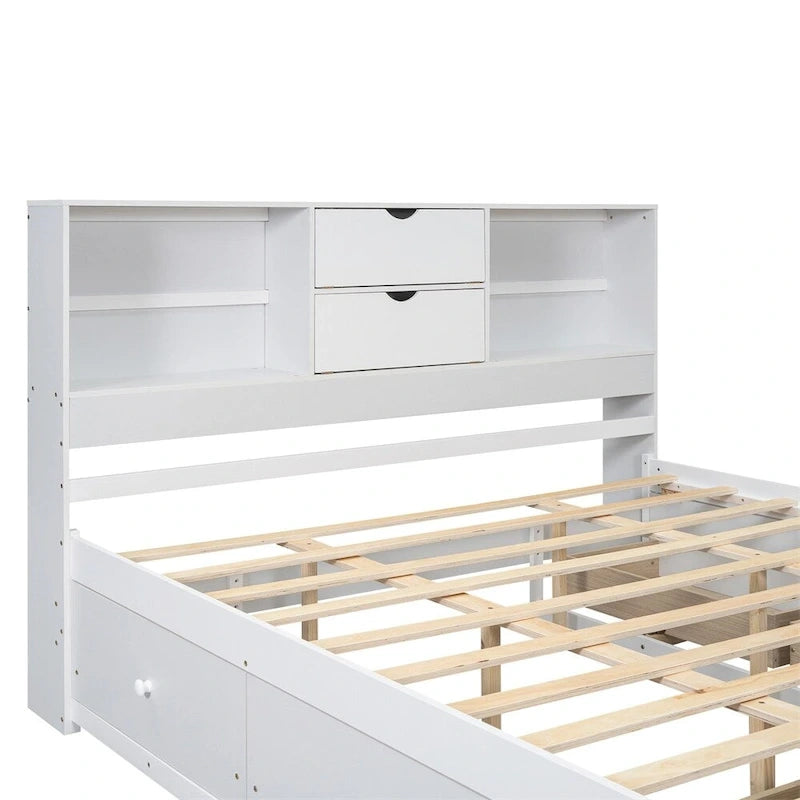 White & Grey Platform Bed with Bookcase Headboard and 8 Storage Drawers