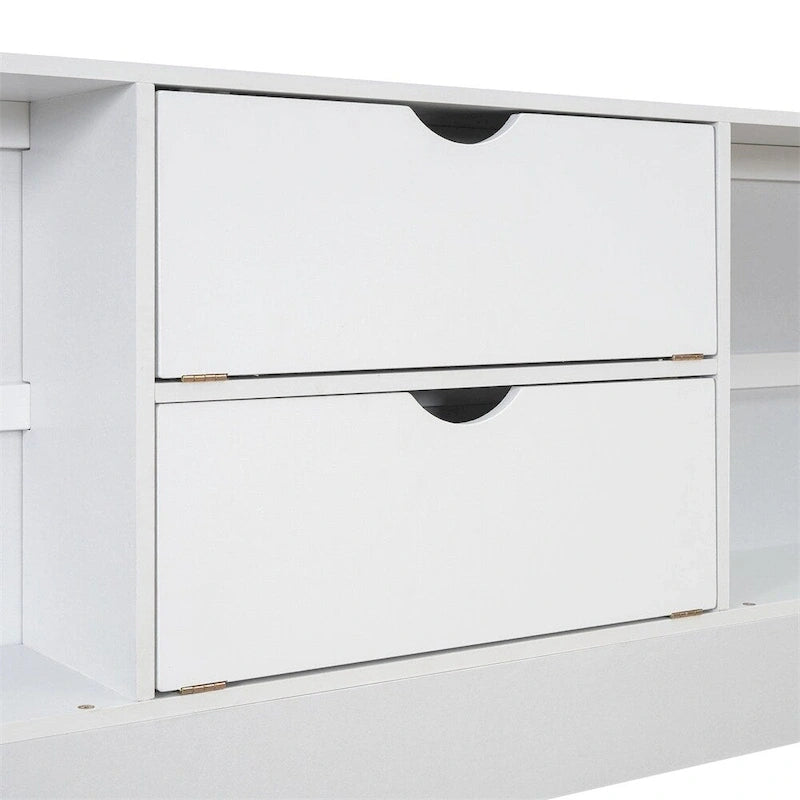 White & Grey Platform Bed with Bookcase Headboard and 8 Storage Drawers