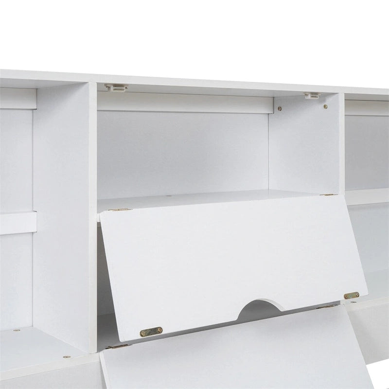 White & Grey Platform Bed with Bookcase Headboard and 8 Storage Drawers