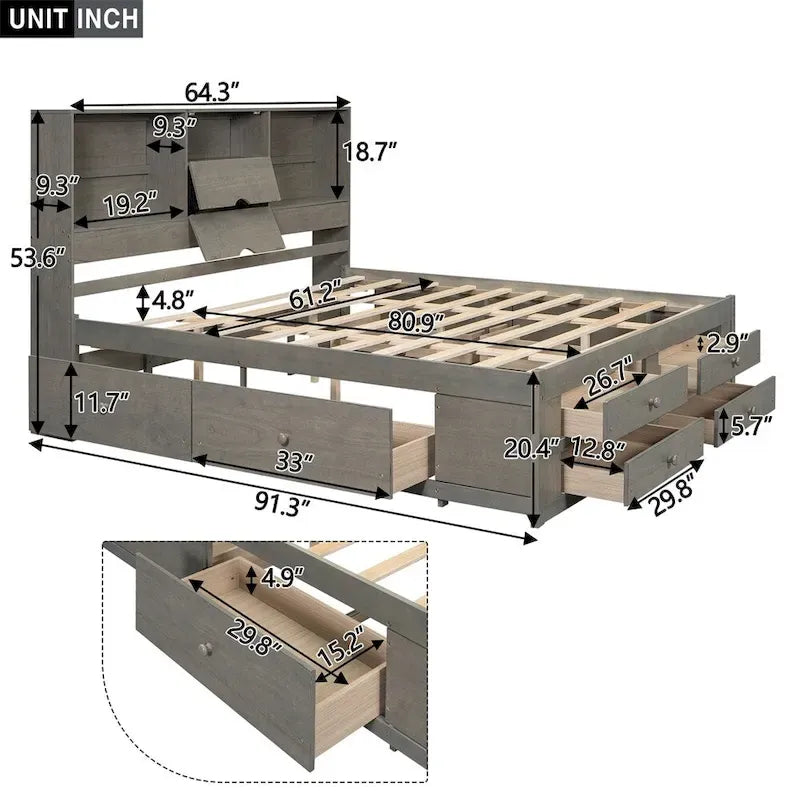 White & Grey Platform Bed with Bookcase Headboard and 8 Storage Drawers
