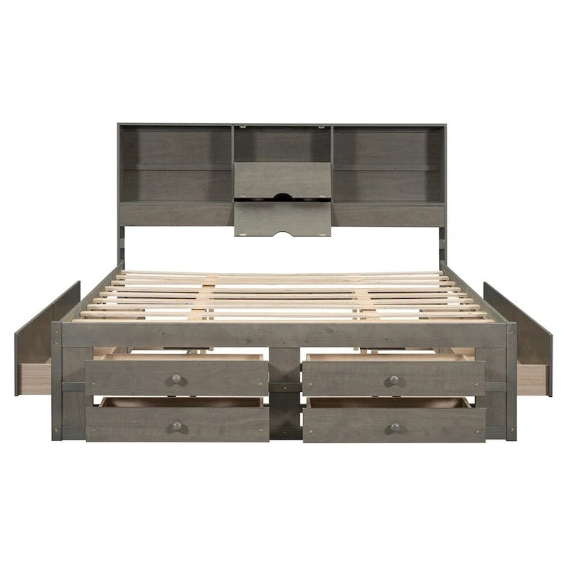 White & Grey Platform Bed with Bookcase Headboard and 8 Storage Drawers