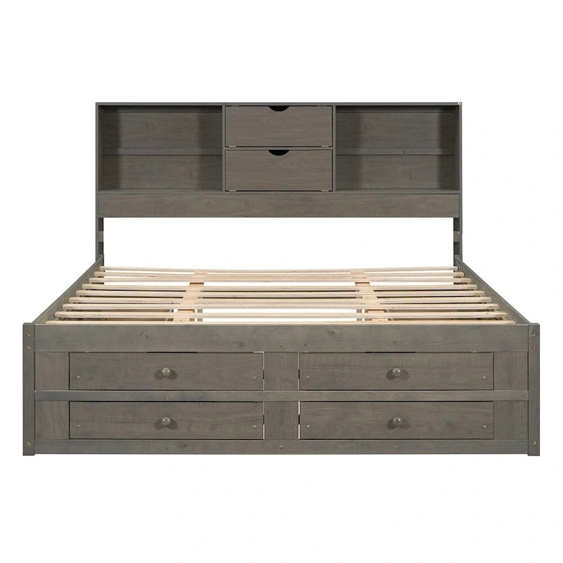 White & Grey Platform Bed with Bookcase Headboard and 8 Storage Drawers