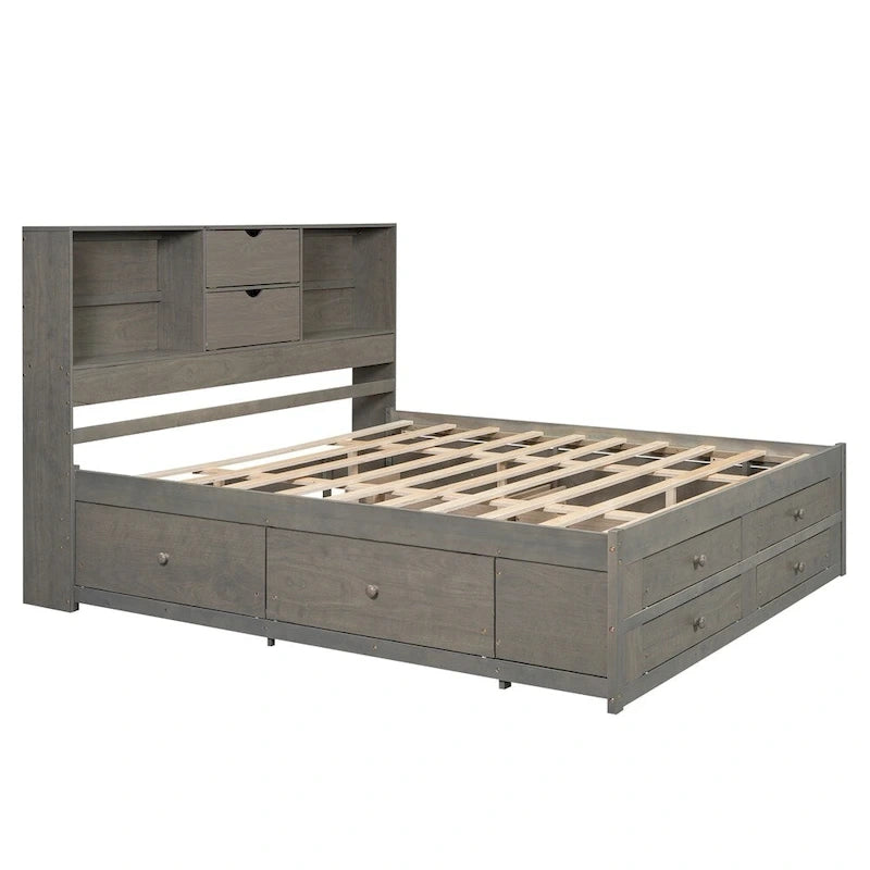 White & Grey Platform Bed with Bookcase Headboard and 8 Storage Drawers