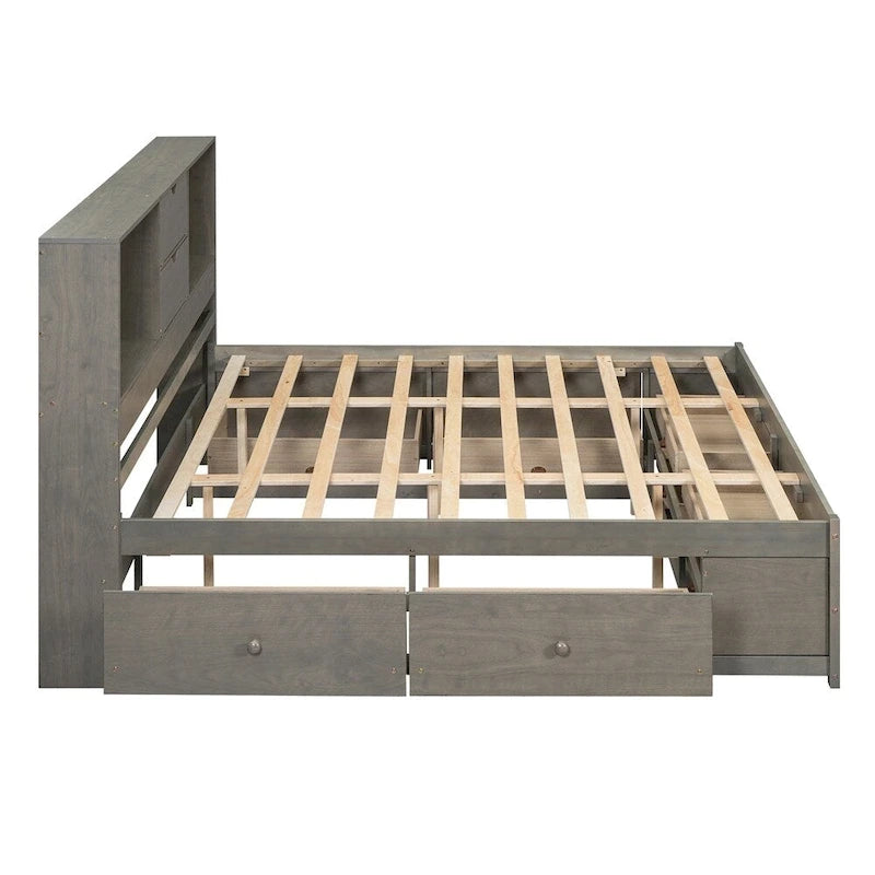 White & Grey Platform Bed with Bookcase Headboard and 8 Storage Drawers