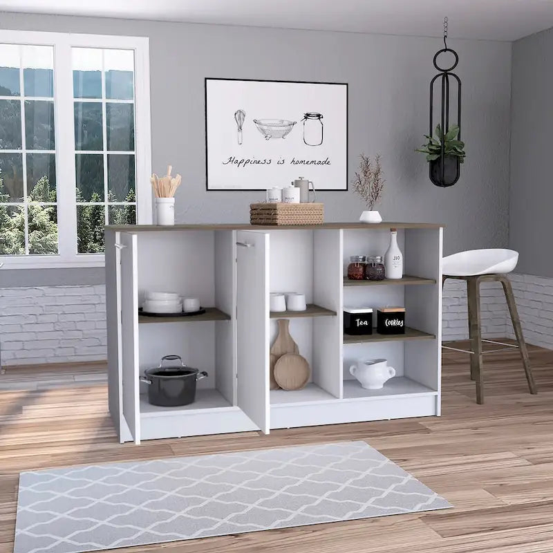 White Dark Brown Kitchen Island Cabinet with Open Shelves Two Doors