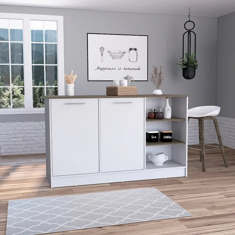 White Dark Brown Kitchen Island Cabinet with Open Shelves Two Doors