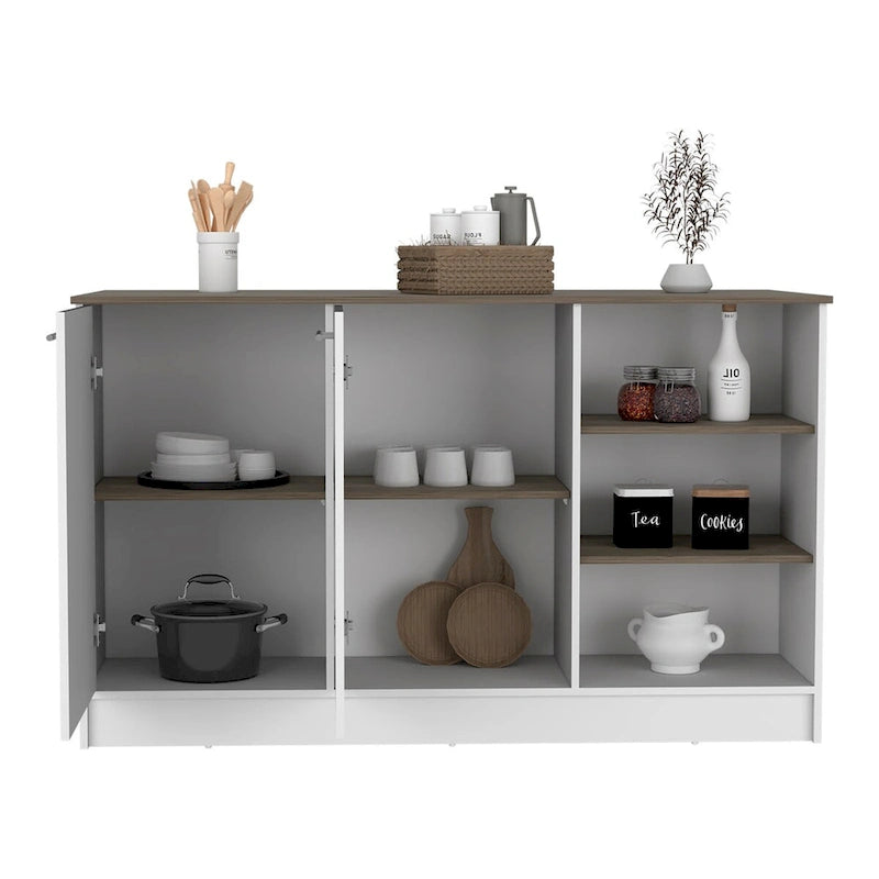 White Dark Brown Kitchen Island Cabinet with Open Shelves Two Doors
