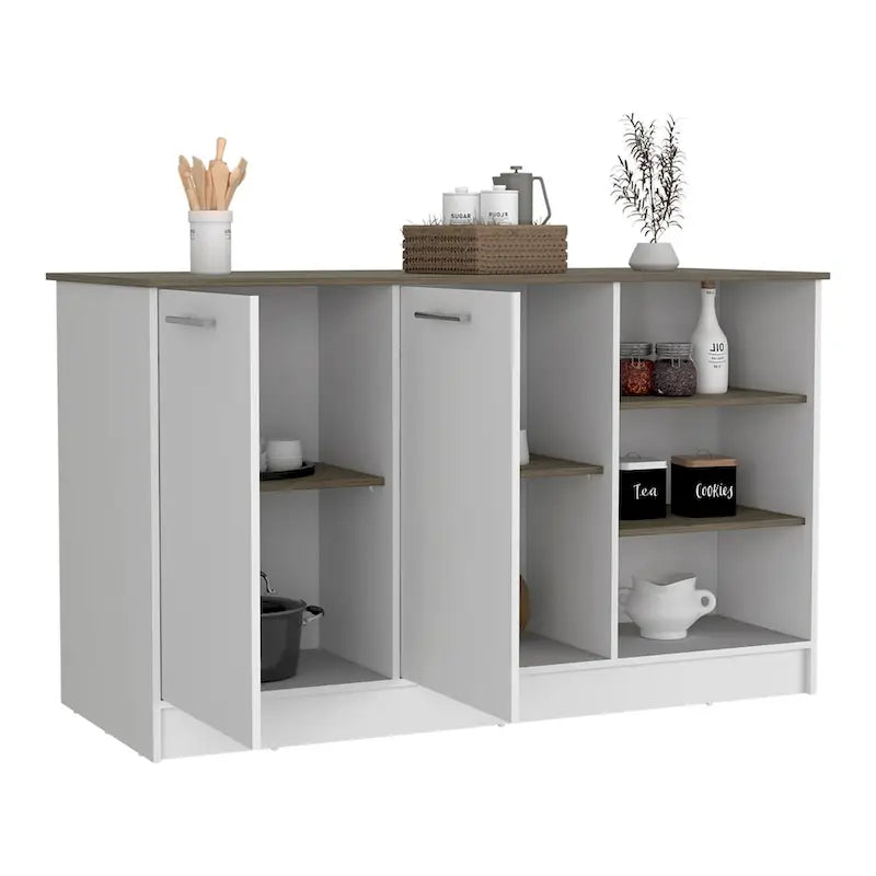 White Dark Brown Kitchen Island Cabinet with Open Shelves Two Doors