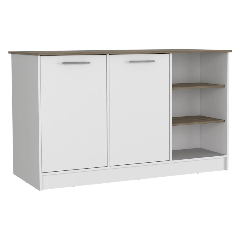 White Dark Brown Kitchen Island Cabinet with Open Shelves Two Doors