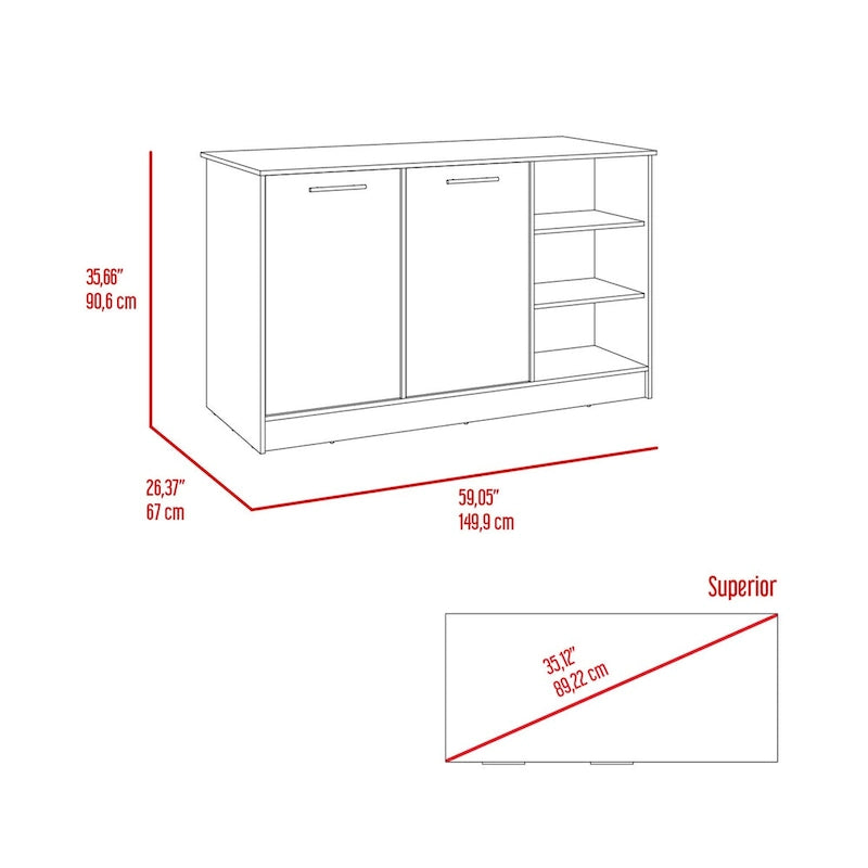 White Dark Brown Kitchen Island Cabinet with Open Shelves Two Doors