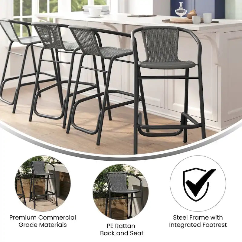 Indoor Outdoor Rattan Barstool with Powder Coated Aluminum Frame Gray