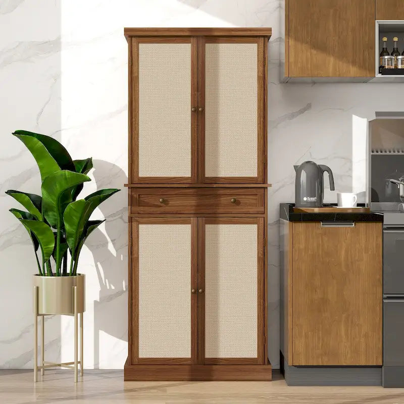 Tall Rattan Door Storage Cabinet with Drawer Walnut Natural