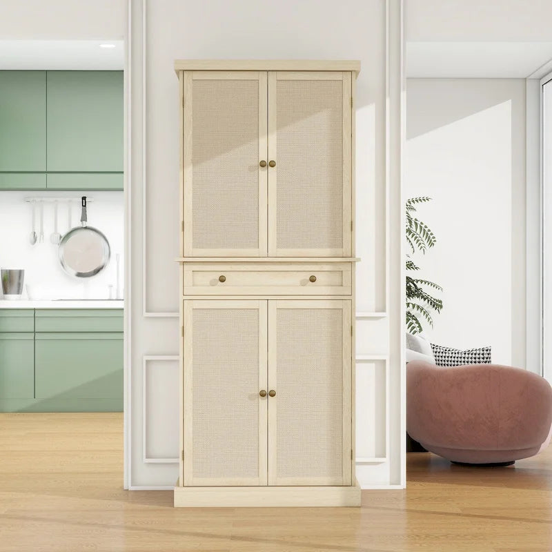 Tall Rattan Door Storage Cabinet with Drawer Walnut Natural