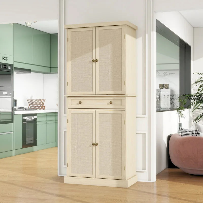Tall Rattan Door Storage Cabinet with Drawer Walnut Natural
