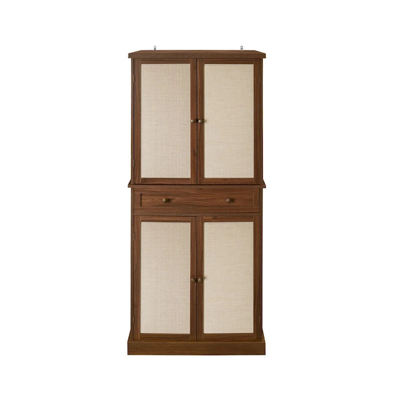 Tall Rattan Door Storage Cabinet with Drawer Walnut Natural