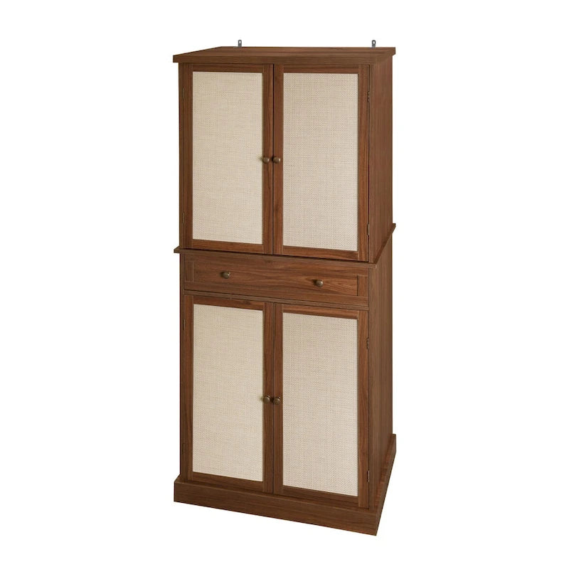 Tall Rattan Door Storage Cabinet with Drawer Walnut Natural