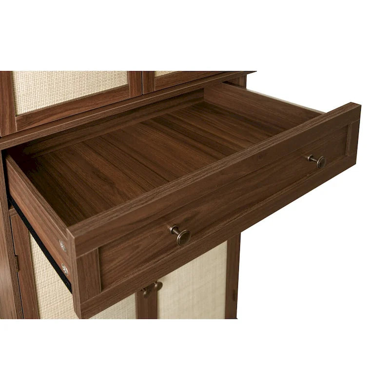 Tall Rattan Door Storage Cabinet with Drawer Walnut Natural