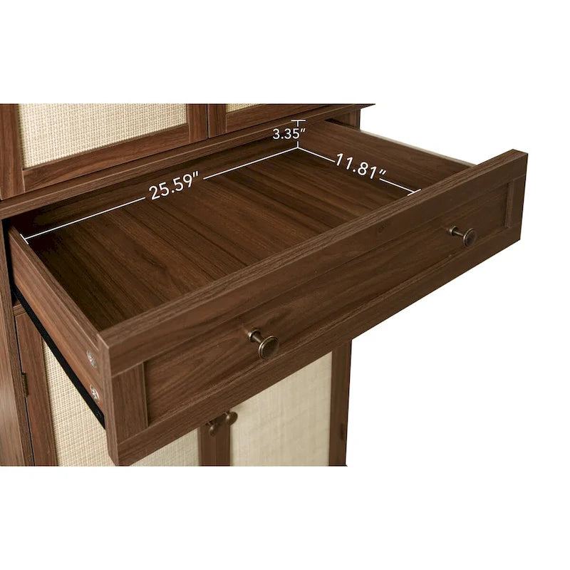 Tall Rattan Door Storage Cabinet with Drawer Walnut Natural