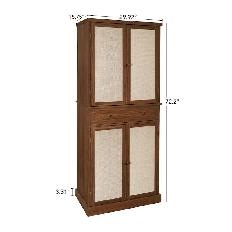 Tall Rattan Door Storage Cabinet with Drawer Walnut Natural