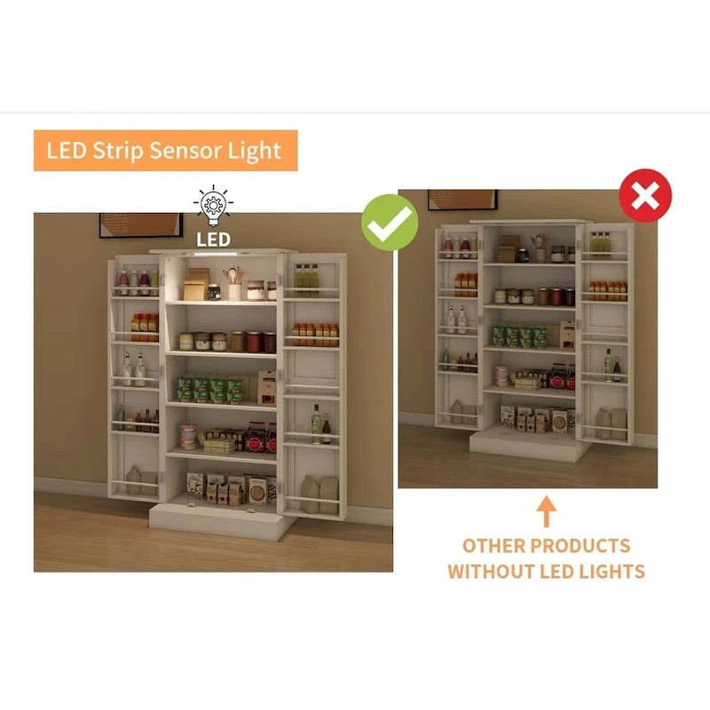 White Freestanding Storage Cabinet with LED Sensor Light, 5-Tier Pantry