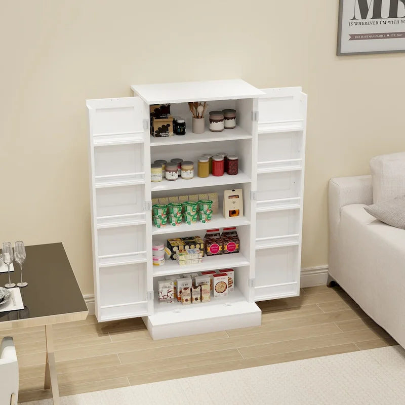 White Freestanding Storage Cabinet with LED Sensor Light, 5-Tier Pantry
