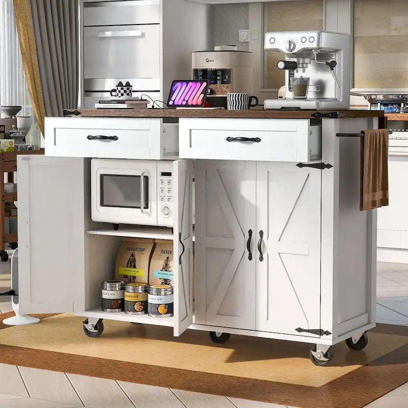 Rolling Farmhouse Kitchen Island White Drop Leaf Cabinet Power Outlet Wheels