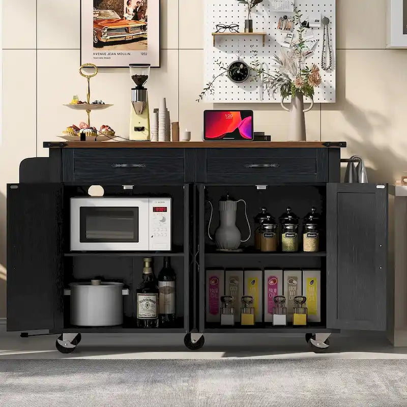 Rolling Farmhouse Kitchen Island White Drop Leaf Cabinet Power Outlet Wheels