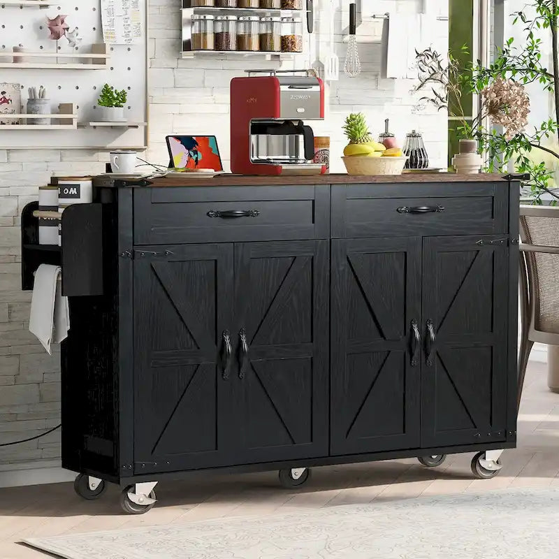 Rolling Farmhouse Kitchen Island White Drop Leaf Cabinet Power Outlet Wheels