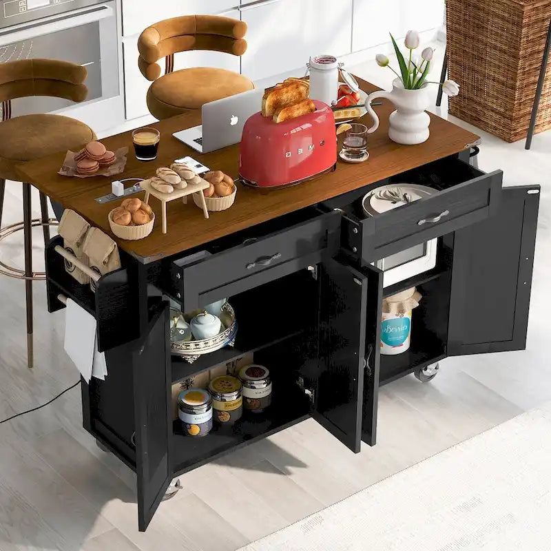 Rolling Farmhouse Kitchen Island White Drop Leaf Cabinet Power Outlet Wheels