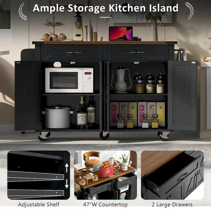 Rolling Farmhouse Kitchen Island White Drop Leaf Cabinet Power Outlet Wheels