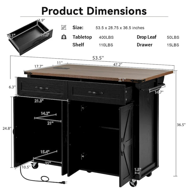 Rolling Farmhouse Kitchen Island White Drop Leaf Cabinet Power Outlet Wheels