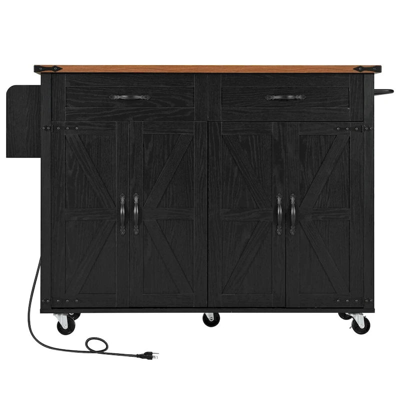 Rolling Farmhouse Kitchen Island White Drop Leaf Cabinet Power Outlet Wheels
