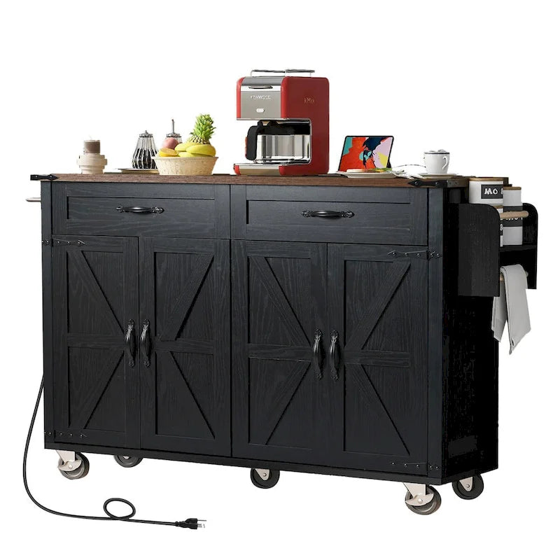 Rolling Farmhouse Kitchen Island White Drop Leaf Cabinet Power Outlet Wheels