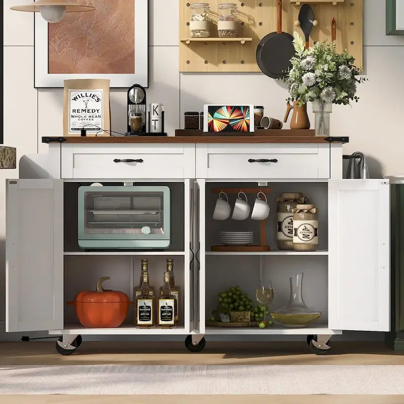 Rolling Farmhouse Kitchen Island White Drop Leaf Cabinet Power Outlet Wheels