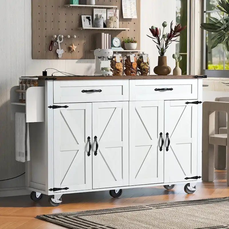 Rolling Farmhouse Kitchen Island White Drop Leaf Cabinet Power Outlet Wheels
