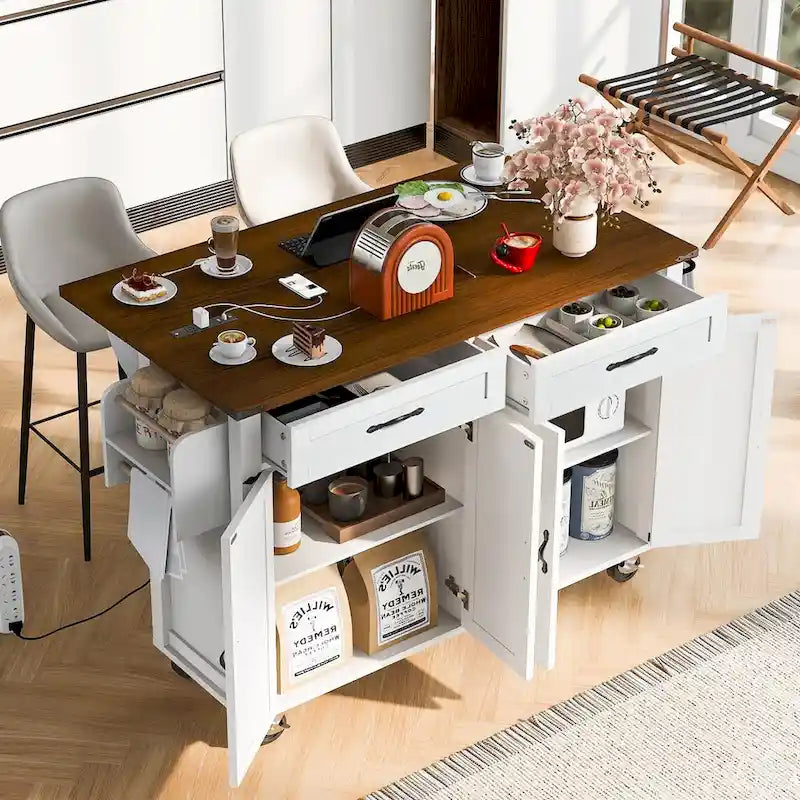 Rolling Farmhouse Kitchen Island White Drop Leaf Cabinet Power Outlet Wheels