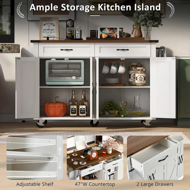 Rolling Farmhouse Kitchen Island White Drop Leaf Cabinet Power Outlet Wheels