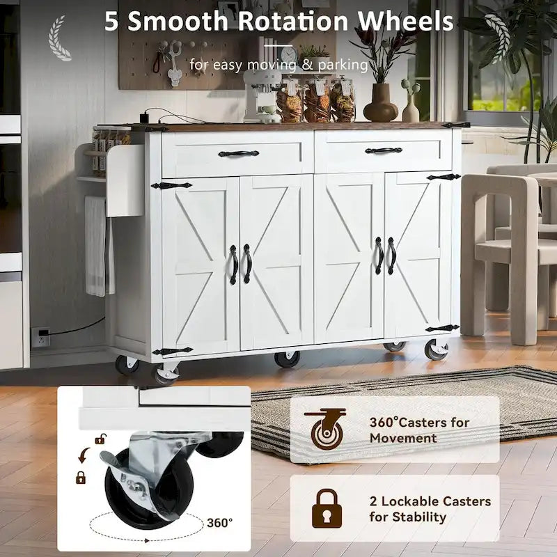 Rolling Farmhouse Kitchen Island White Drop Leaf Cabinet Power Outlet Wheels