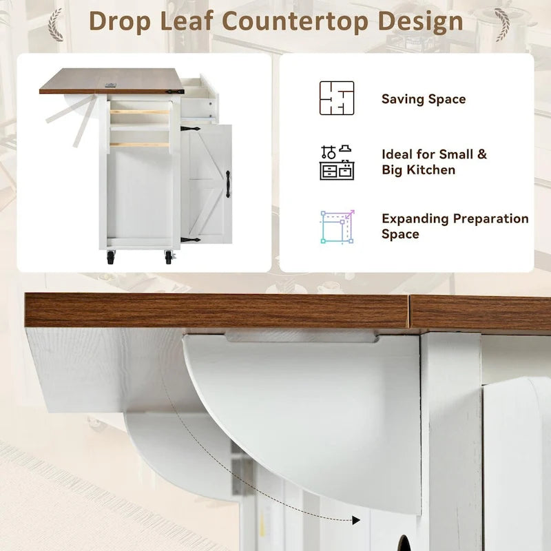 Rolling Farmhouse Kitchen Island White Drop Leaf Cabinet Power Outlet Wheels