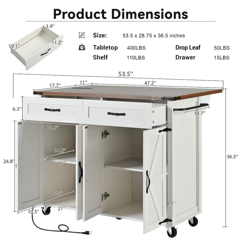 Rolling Farmhouse Kitchen Island White Drop Leaf Cabinet Power Outlet Wheels