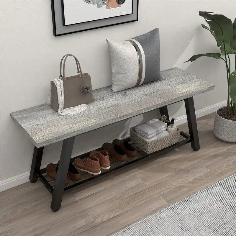 Industrial Style Shoe Storage Bench with Metal Frame and Bottom Shelf