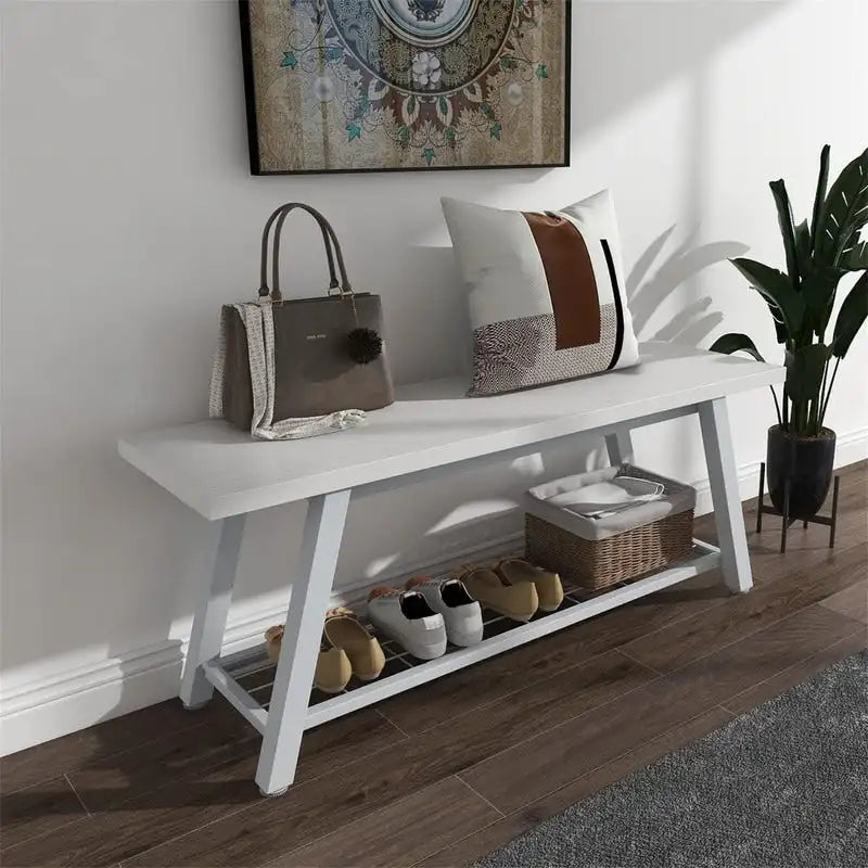 Industrial Style Shoe Storage Bench with Metal Frame and Bottom Shelf