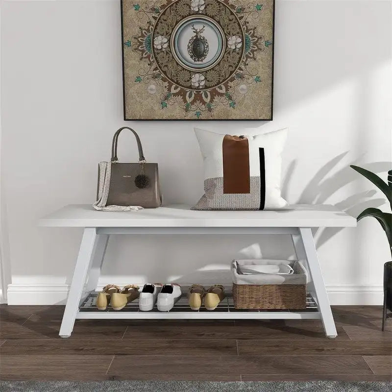 Industrial Style Shoe Storage Bench with Metal Frame and Bottom Shelf