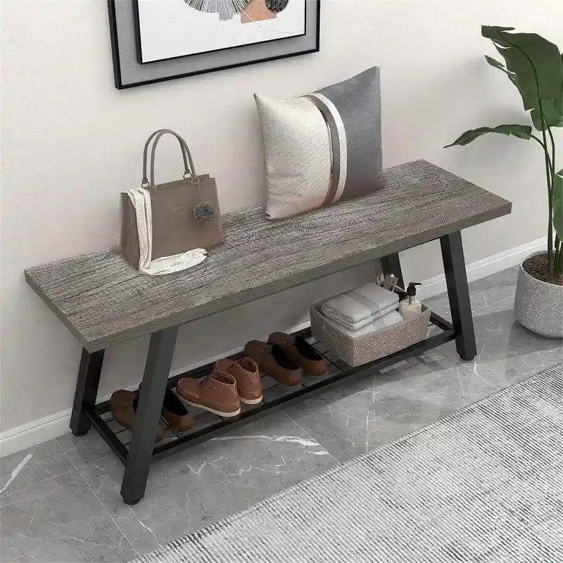 Industrial Style Shoe Storage Bench with Metal Frame and Bottom Shelf