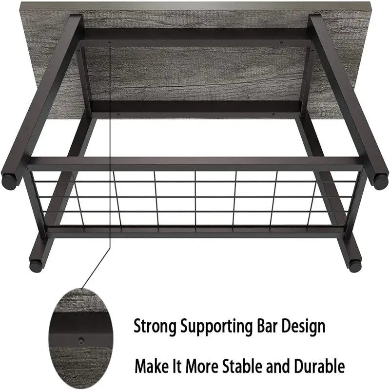 Industrial Style Shoe Storage Bench with Metal Frame and Bottom Shelf