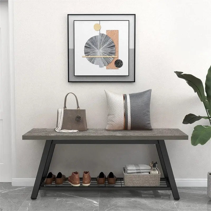 Industrial Style Shoe Storage Bench with Metal Frame and Bottom Shelf