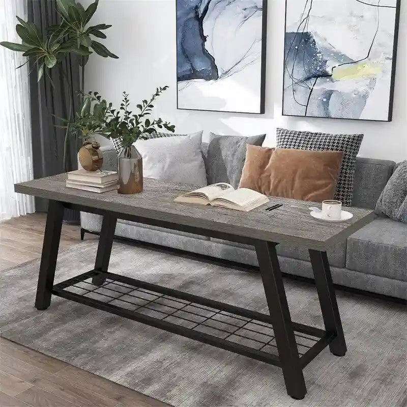 Industrial Style Shoe Storage Bench with Metal Frame and Bottom Shelf