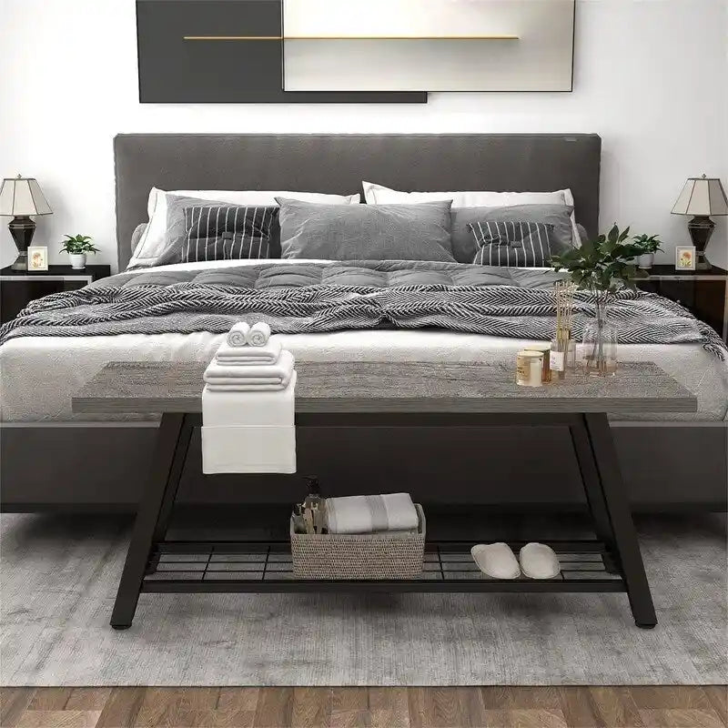 Industrial Style Shoe Storage Bench with Metal Frame and Bottom Shelf