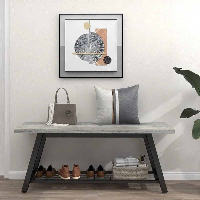 Industrial Style Shoe Storage Bench with Metal Frame and Bottom Shelf